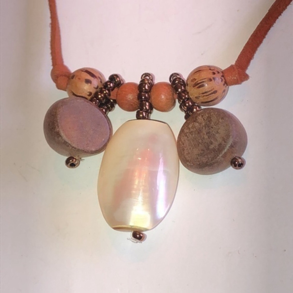 Brown Suede Double Strand Mother of Pearl Pendant Wooden Beaded Boho Necklace